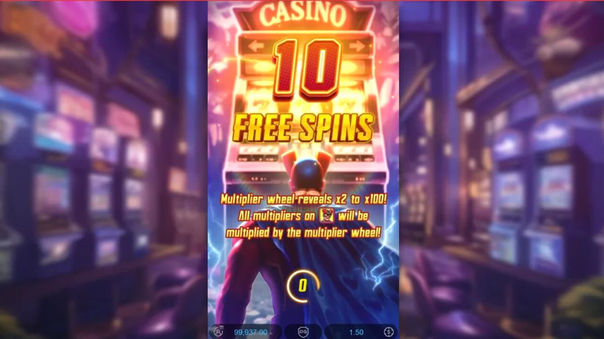 Tampilan antarmuka slot Super Wildrix dengan tema superhero neon