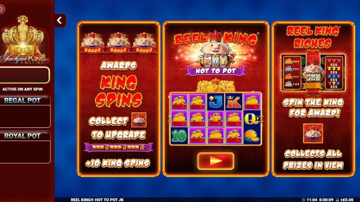 Tampilan visual slot Reel King Hot to Pot dengan simbol buah dan mahkota emas.